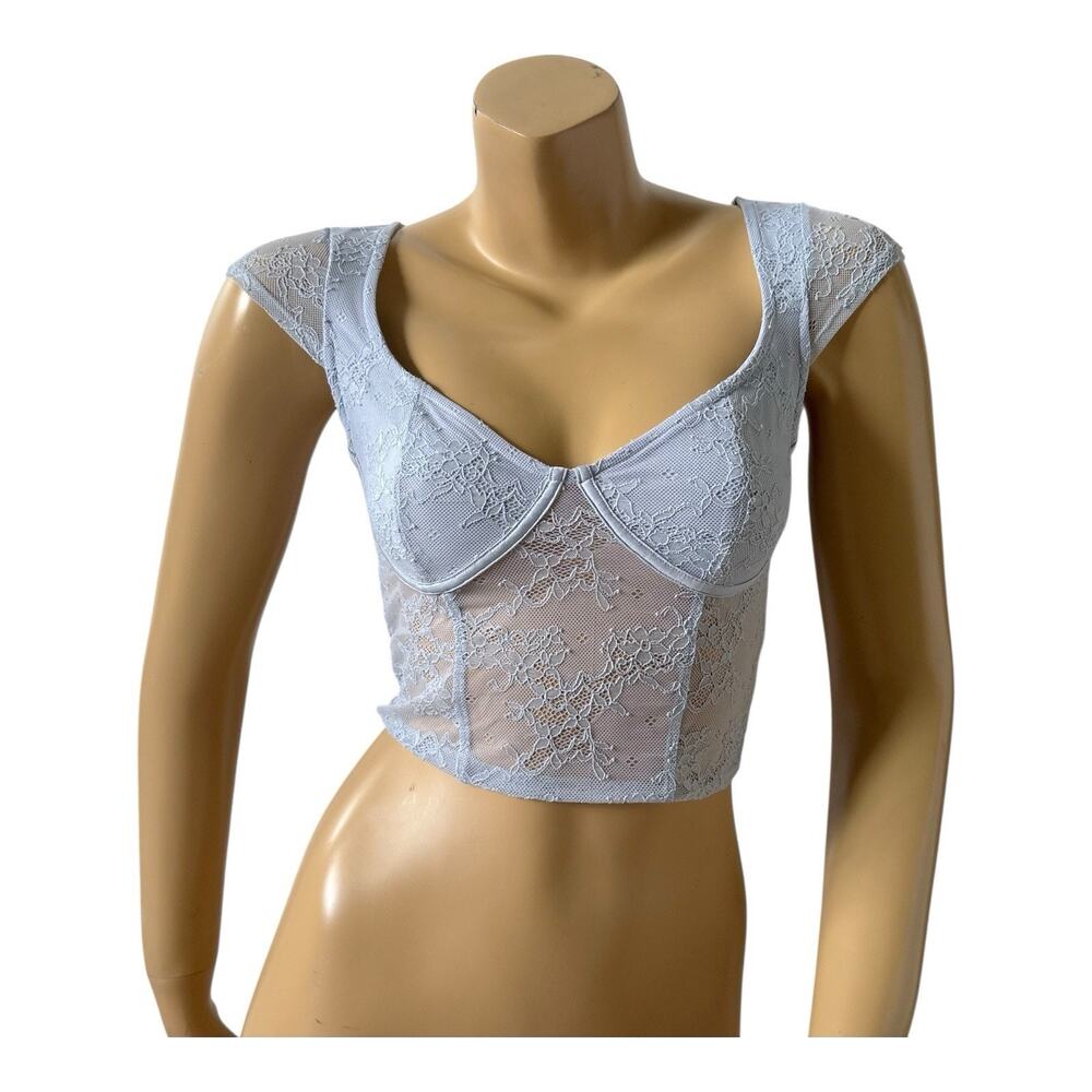 Garage Crop Top Womens S Blue Lace Crop Top Bustier Sheer Cap Sleeve Y2K Party